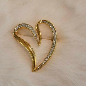 RHinestone Open Heart Brooch Pin Shiny Gold Tone Metal‎ Large Love 6015